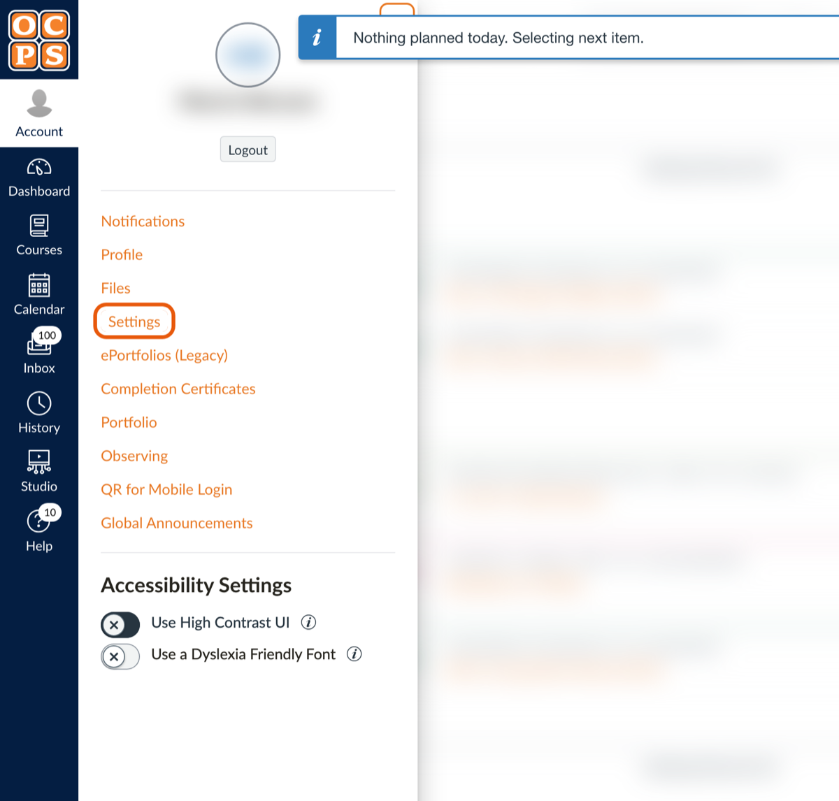 The Canvas Account menu open with Settings highlighted