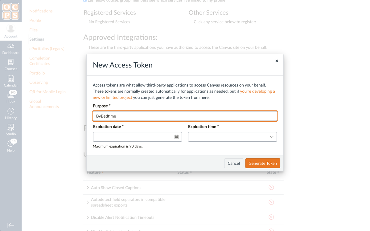 The Canvas New Access Token dialog with purpose filled in and the note Maximum expiration is 90 days