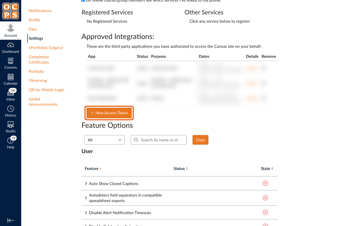 The Approved Integrations section of Canvas settings with the + New Access Token button highlighted