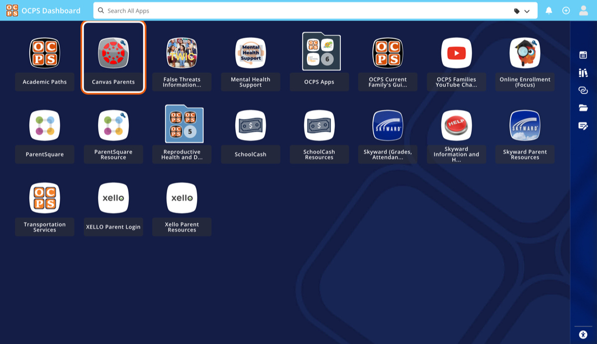 The OCPS Dashboard of app tiles with Canvas Parents highlighted
