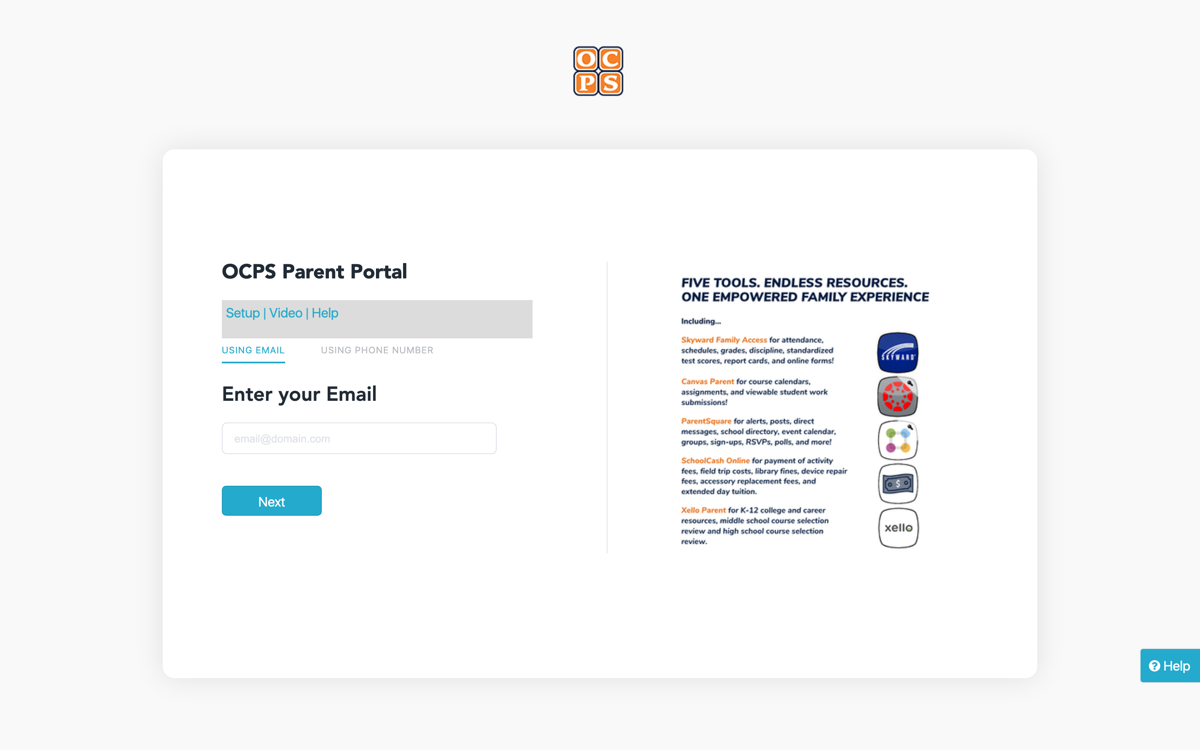 The OCPS Parent Portal sign-in page asking for an email address